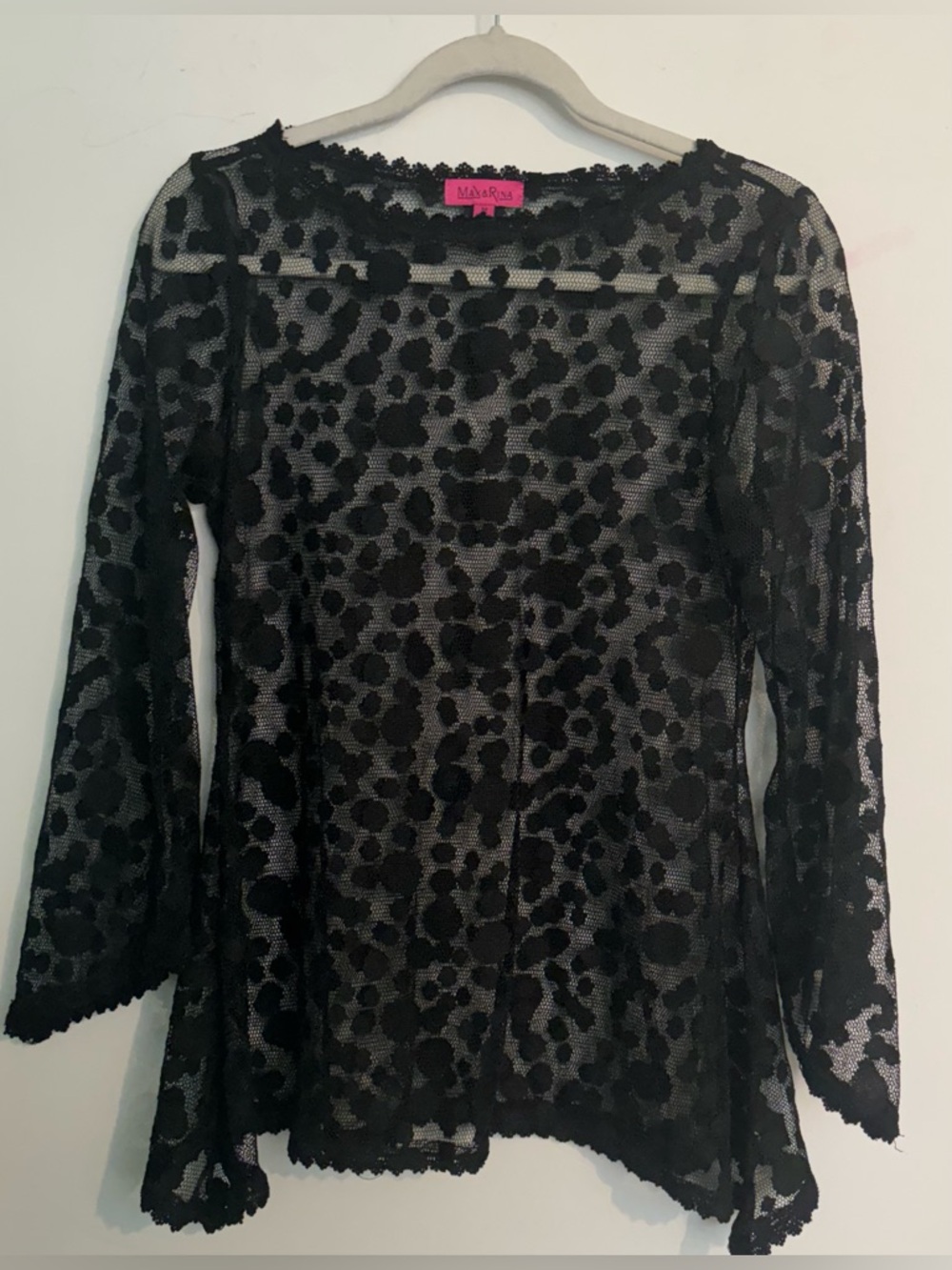 Max & Rina Womens Black Polka Dot Lace Sheer Long Bell Sleeve High Low Hem Sz Md